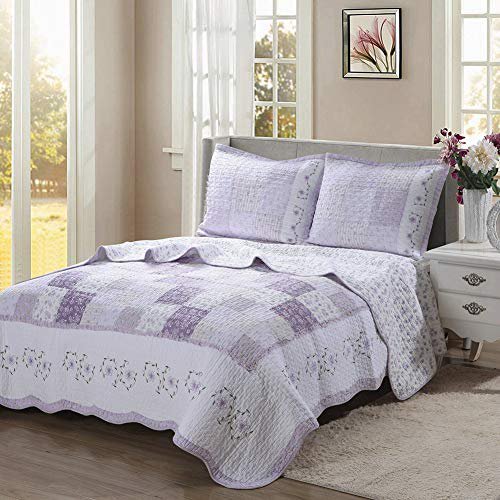 Cozy Line Home Fashions Love of Lilac Ensemble de Courtepointe de Literie, Orchidée Lavande Violet Pâle Floral Véritable Patchwork 100 % Coton Réversible