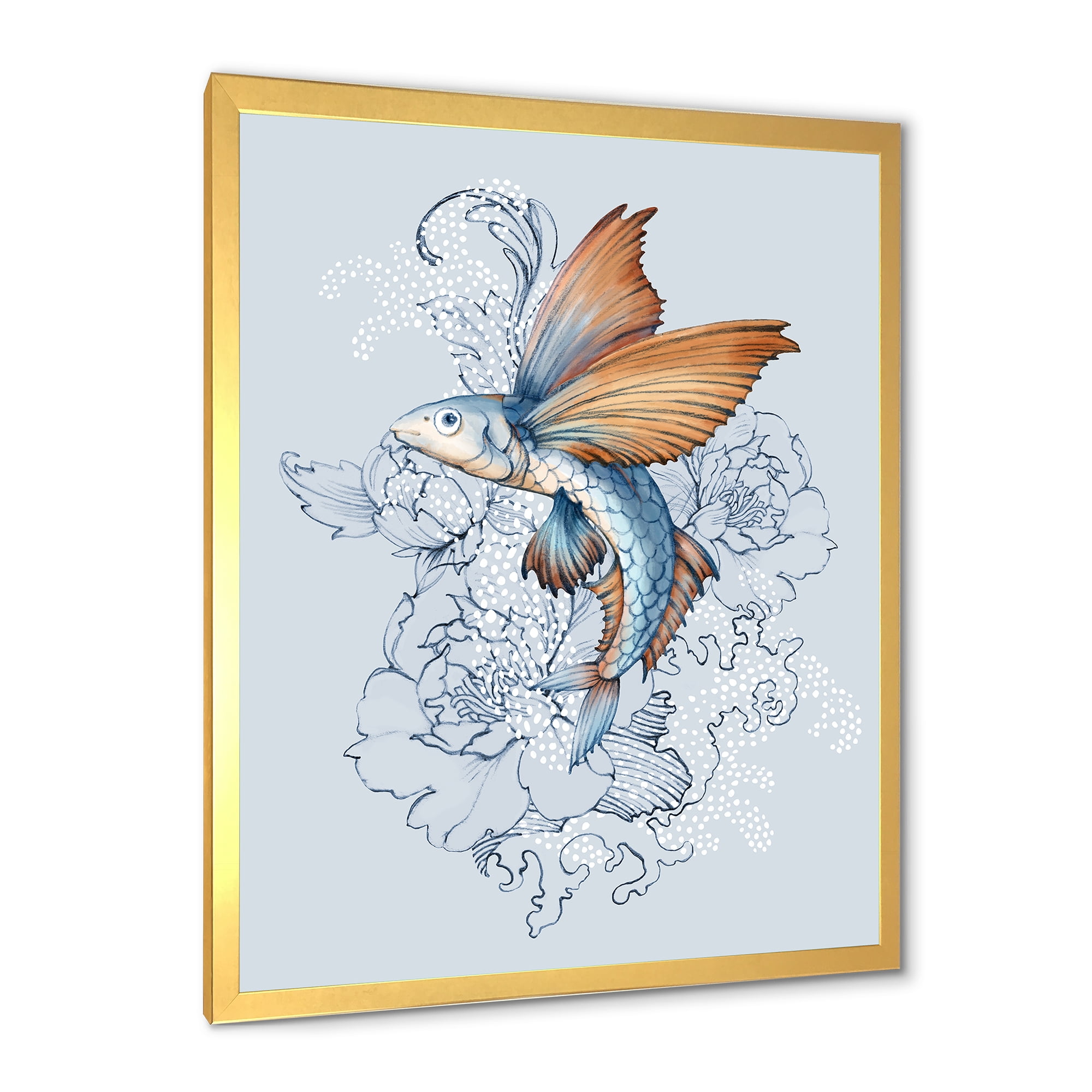 Designart 'Flying Fish and Peonies' Traditional Framed Art Print