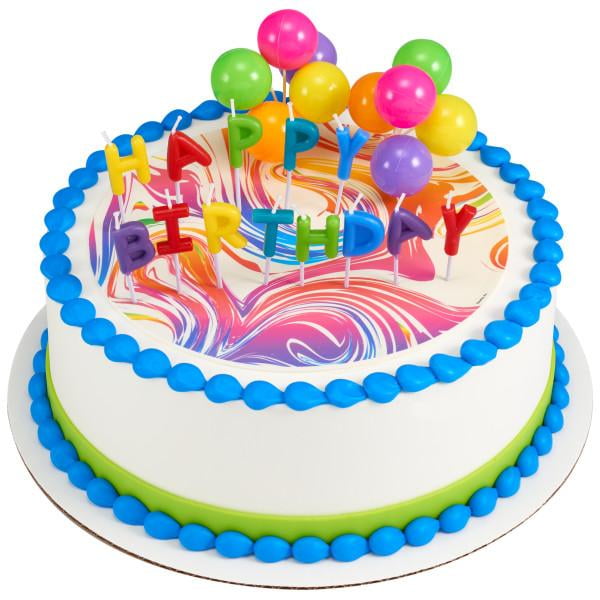 Happy Birthday Neon Candles DecoSet with Round Edible Cake Topper Image  Background 