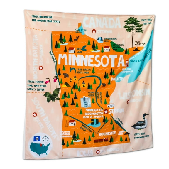 Birdy Boutique Minnesota State Map Tapestry – 60" x 59" Educational Wall Hanging