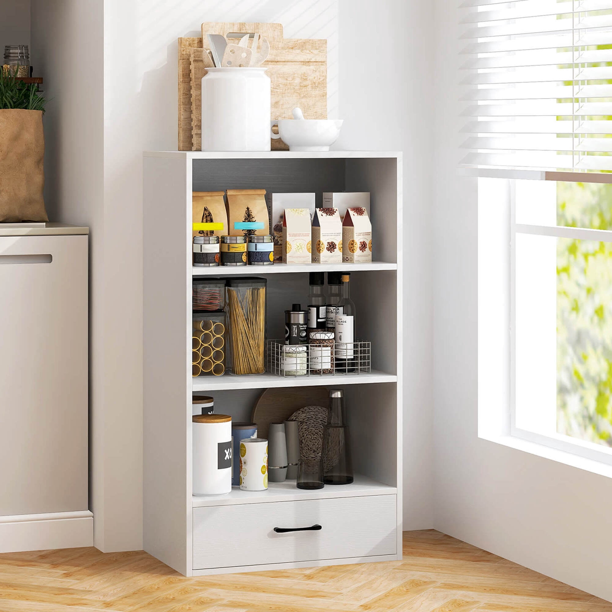 Costway 42'' Tall 4-tier Storage Shelf Wood Bookcase with Drawer Home Organizer Display Rack White