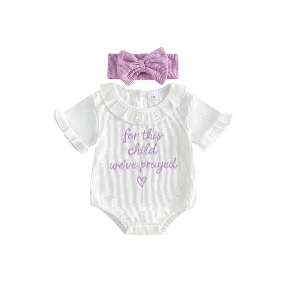 BemeyourBBs Preemie Baby Girl Summer Clothes Baby Girl Newborn Hospital Going Home Outfit for This Little Girl We Have Prayed Letters Bubble Romper Embroidery Ruffled Short Sleeve Jumpsuit Heaband