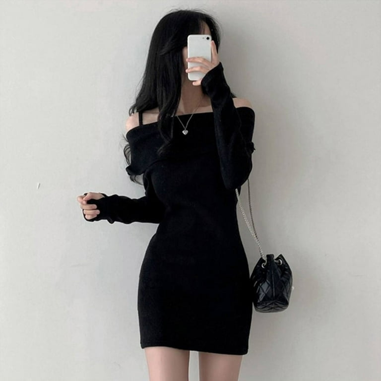 Aellinatey Trendy off Shoulder Sweater Mini Dress Solid Color Long Sleeve Knit  Dresses - Walmart.com
