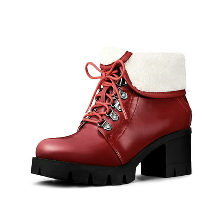 Women's Lace Up Chunky Heel Fold Down Combat Boots Red (Size