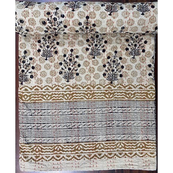 Ozark Textile Beige Floral Block Print Indian Handmade Reversible Quilts