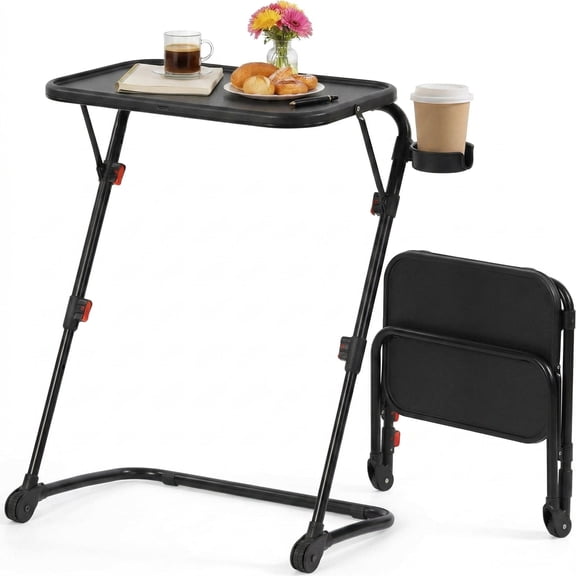 Homy Casa Folding TV Tray Table with Cup Holder and Wheels, Adjustable Sofa Bed Desk with 4 Heights & 3 Tilt Angles