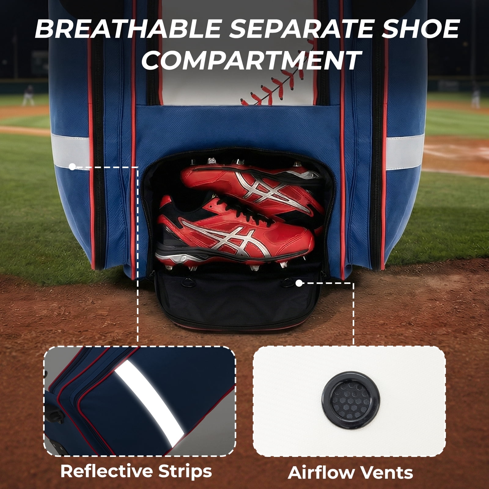 Fegat Rolling Baseball Bag, 100L Large Catcher Gear Bag Softball Bags with Wheels, Youth Equipment Bag Holds 8 Bats, Full Set, with Fence Hooks, Reflective Strip, Shoe Compartment
