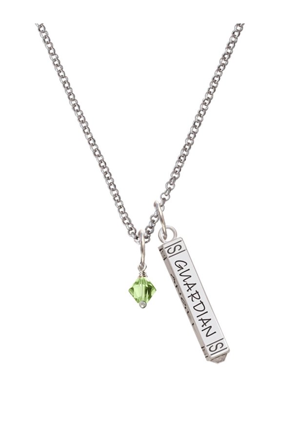August - Lime Green Crystal Bicone Silvertone Guardian Angel Bar Charm Necklace, 23"