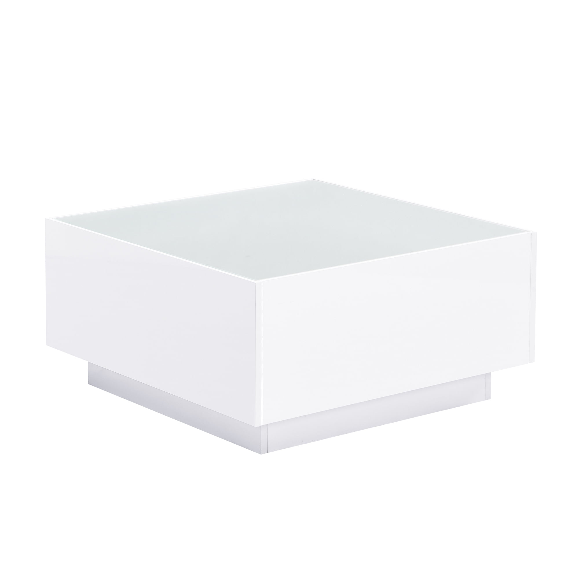 MAYEERTY Square High Glossy Coffee Table with 16-Color LED Strip Lights, Modern Center Table with 5mm Frosted Tempered Glass Top for Living Room, White, 27.5*27.5in