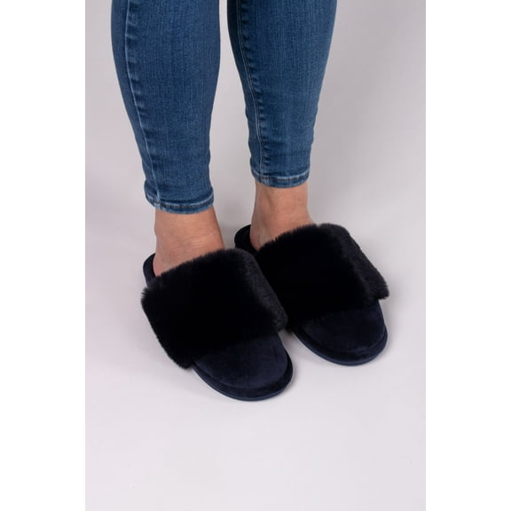 Pretty You London Women's Danni Fluffy Cuff Mule Slipper in Navy