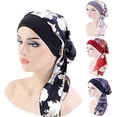 thumbnail image 2 of Nvzi -b 4 Pieces Chemo Headwear Elastic Turbans for Women Vintage Silky Turbans Bonnet Long Hair Head Scarf Headwraps Cancer Printing Hat Sleep Hat Cap Red Black, 22-23inch, 2 of 2