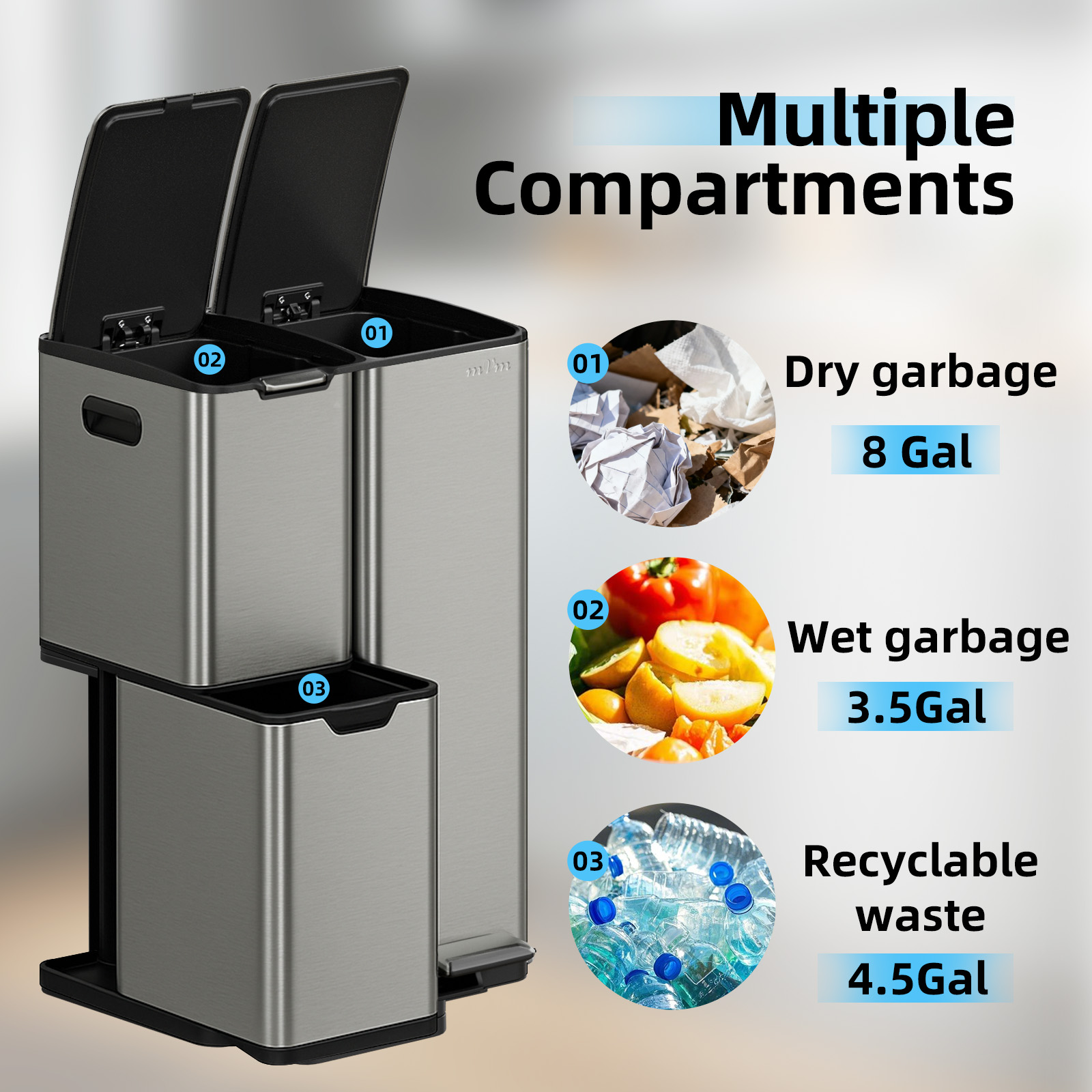 mVm 16 Gal 3 in 1 Kitchen Step Trash Can, Heavy Duty Anti Fingerprint Brushed Recycling Bin for Office