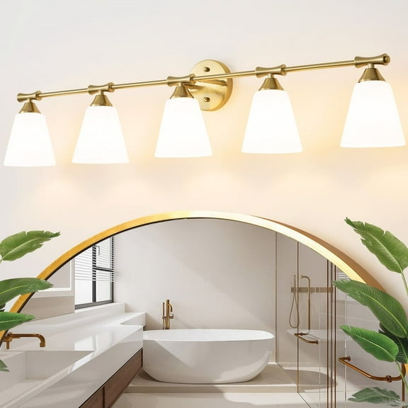 Deyidn Gold 5-Light Modern Bathroom Vanity Light - 43.54-Inch Dimmable Bathroom Light Fixture with Milky White Glass Shades for Mirror Lighting