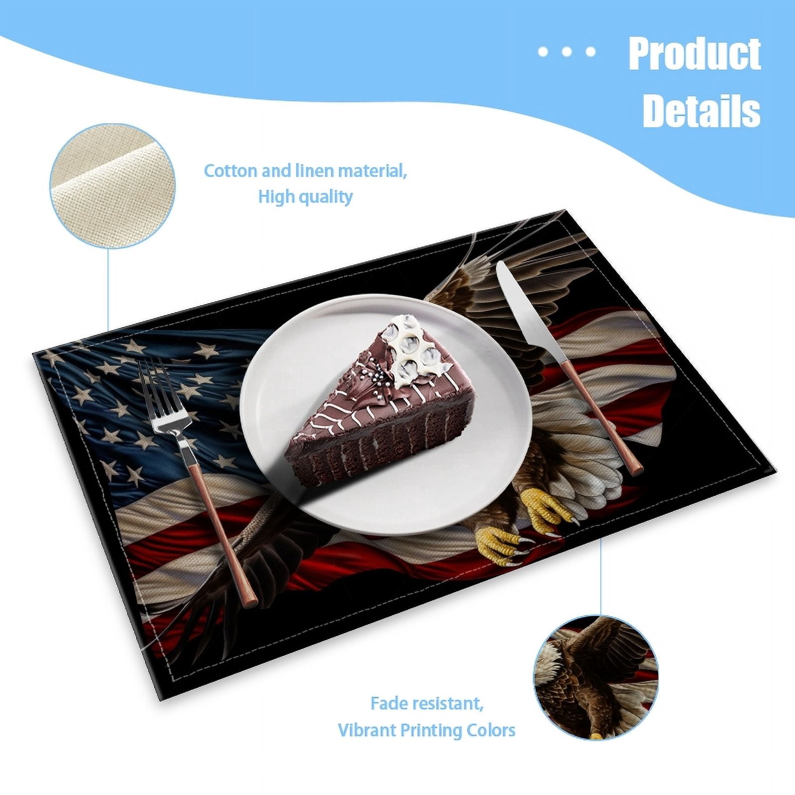 BaHomeck placemats Set of 4 Realistic Bald Eagle Flying Over American Flag Background Cotton Linen rectangle Placemats for Kitchen Dining Table Indoor,Outdoor,18*12inch
