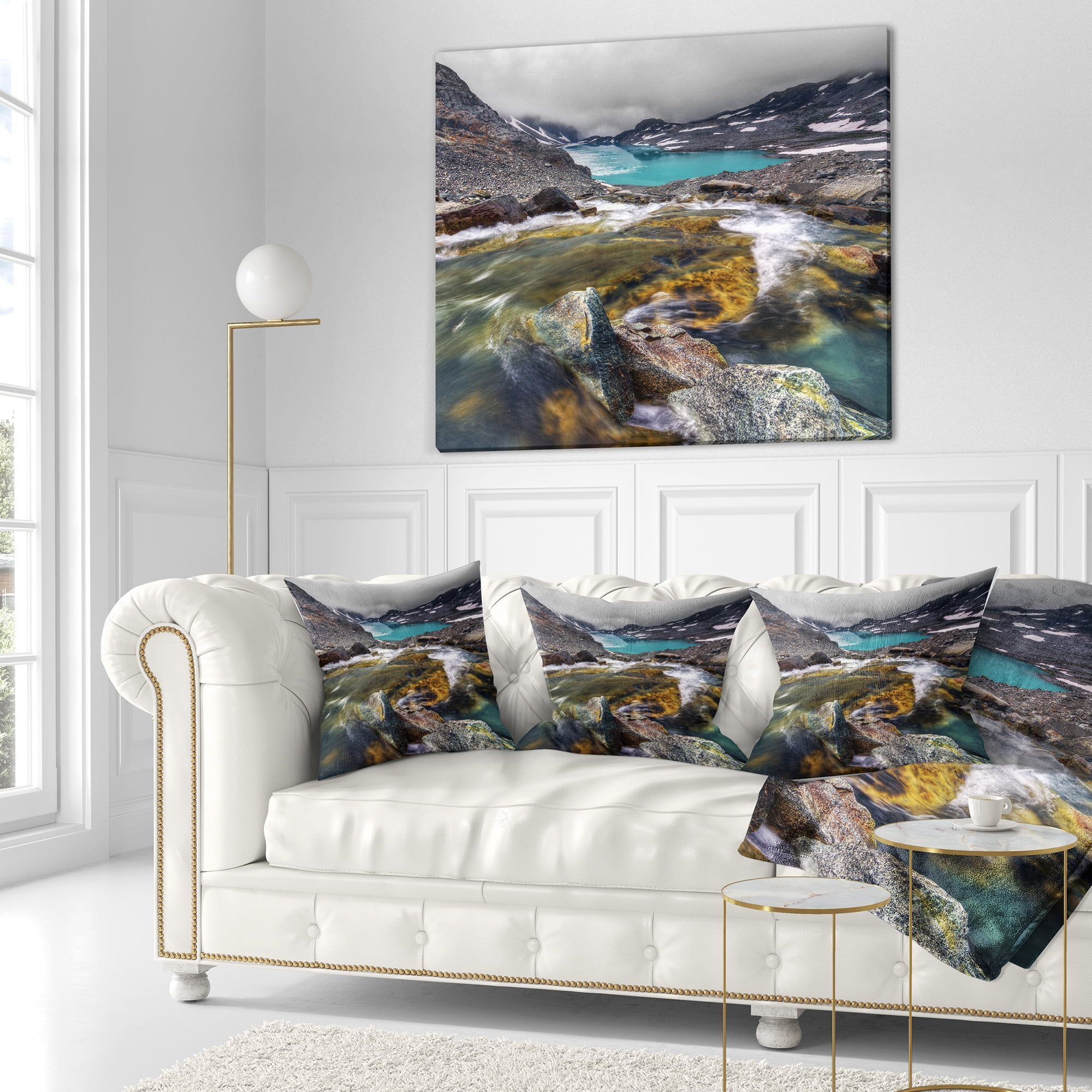 Designart Mountain Creek Flowing into Lake - Landscape Printed Throw Pillow - 16x16