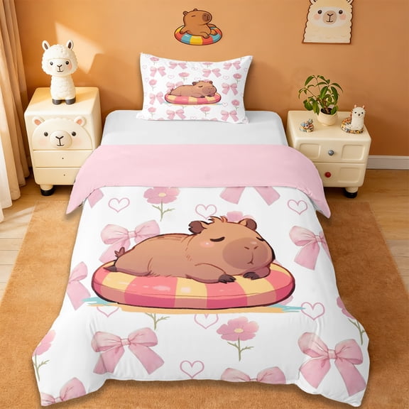 Erosebridal Cartoon Capybara Twin Bedding For Cute Animals Lover,Pink Bows Cartoon Bowtie Duvet Cover Set For Kids ,Reversible Pink 2pcs,No Comforter