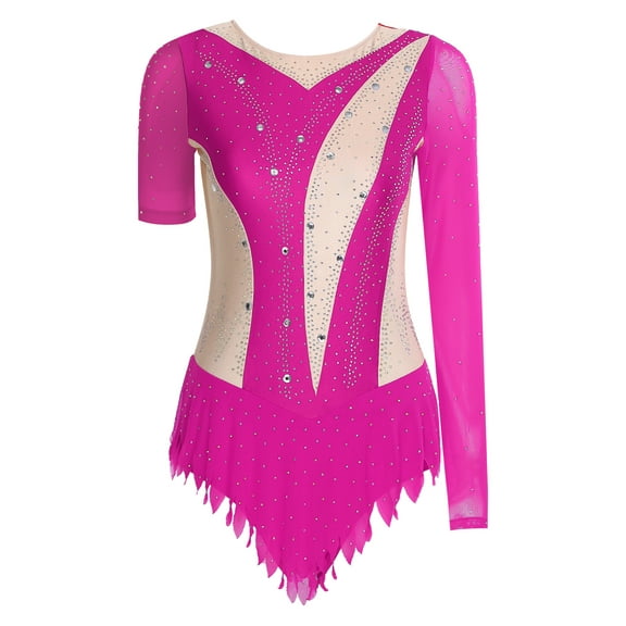 Lejafay Womens Shiny Rhinestone Gymnastics Acrobatics Leotard Figure Skating Dance Bodysuits Hot Pink L