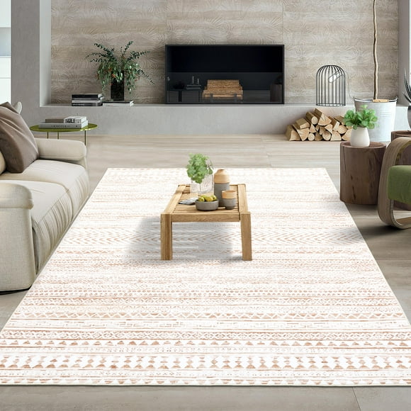 HOMERRY Boho Geometric Non Slip Area Rug 8' x 10' for Living Room Washable Indoor Carpet, Beige/Camel