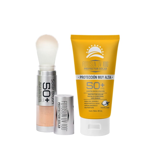 FOTOSUN UV 100 Kit Protector Solar Facial: Brocha en Polvo + Bloqueador en Crema FPS 50+ UVA/UVB, Uso Diario, Todo Tipo de Piel (Solar Brush + Crema 60ml)