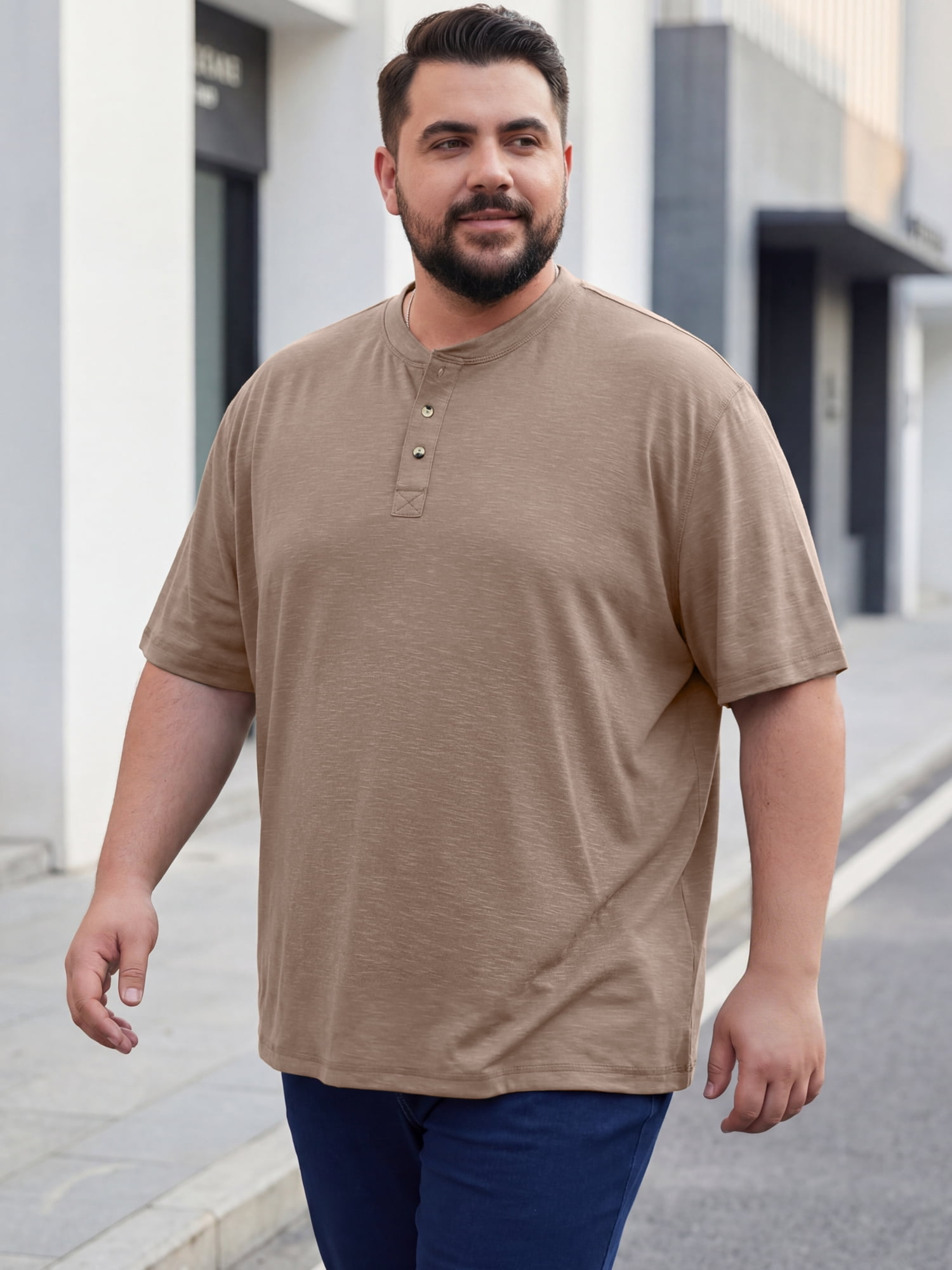 DARING DIVA Men's Big Tall Henley Shirts Button Down Short Sleeve T-Shirt 5XL Light Brown