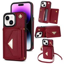 ELEHOLD for iPhone 15 Plus Case Premium Leather Wallet with Back Organ Card Holders Kickstand Function Crossbody Shoulder Strap Luxury Shockproof Women Purse Cover ,red