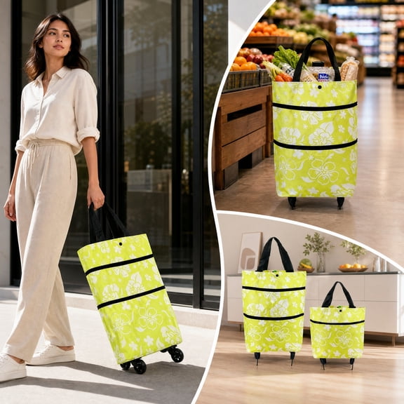 Portable Rolling Grocery Shopping Bag with Wheels,Foldable Floral Market Tote for Daily Errands Storage Display Gift