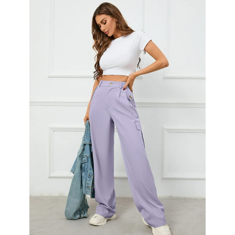 Chiclily Women Wide Leg Lounge Pants Purple M Work Business Casual Loose  High Waisted Dress Palazzo Flowy Trousers with Pockets 