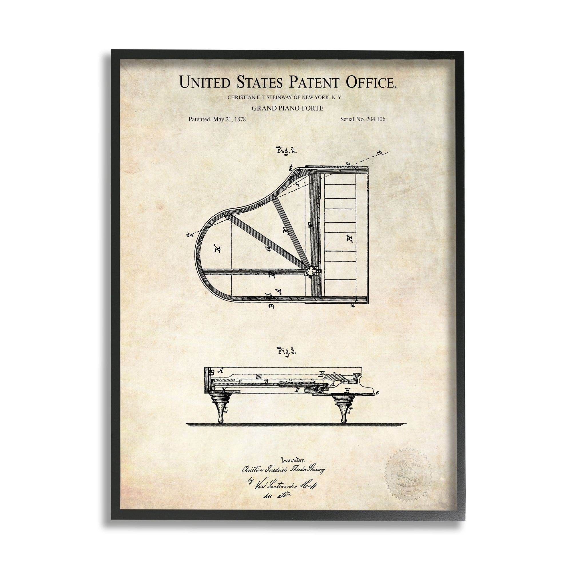 Stupell Industries Grand Piano Detailed Vintage Diagram Blueprint Instrument Framed Wall Art, 24 x 30, Design by Karl Hronek