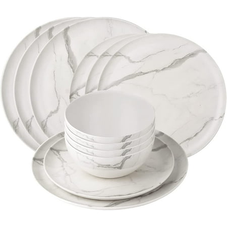 

GIA Everyday 12 Pieces Bamboo Melamine Dinnerware Set for 4 person White Marble Swirl