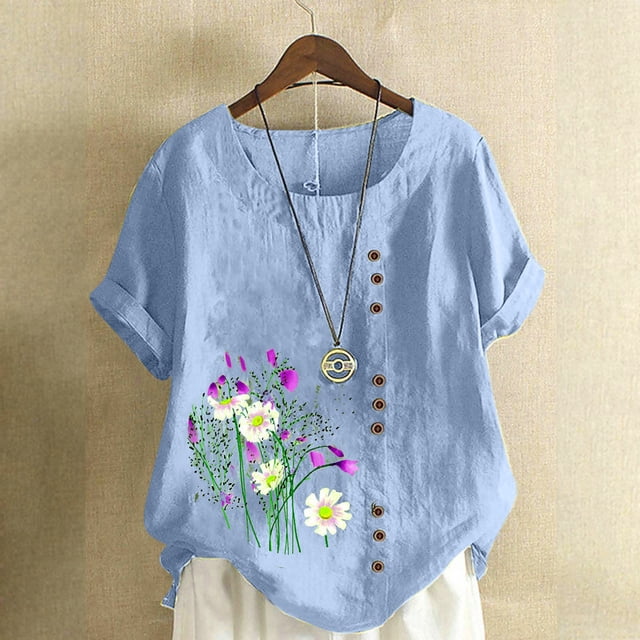 Birdeem Chemise Décontractée d'Été pour Femmes Col Rond Manches Courtes Imprimé Floral Ample