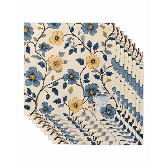 nqOlkjepod Blue Yellow Spring Floral Cloth Napkins Set of 8 Reusable Dinner Napkins, Botanical Garden Flowers Cocktail Napkin Washable Table Napkins for Wedding/Holiday Party/Baby Shower 20"x20"