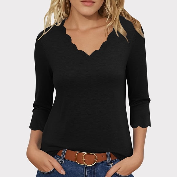 MORESEC Women Plus Size V Neck 3/4 Sleeve T-Shirts Casual Basic Tops Solid Party Wear Blouses Fashion Clothes, Black L