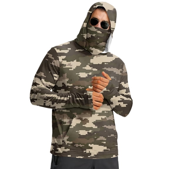Jessboyy Mens UV Protection Shirt Long Sleeves with Hood Moisture Wicking Sun Shirts with Thumb Holes Work Outdoor Camo Hoodies Camouflage,S