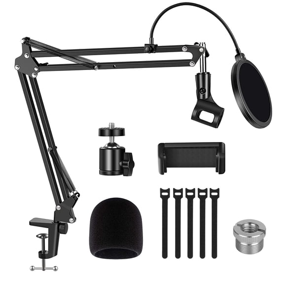 Camivile Microphone Arm Stand Adjustable Suspension Boom Scissor Mic Stand with Pop Filter 3/8" to 5/8" Adapter Ball Head Phone Clip for Blue Yeti Nano Snowball other Mics Webcam Ring Light Cellphone