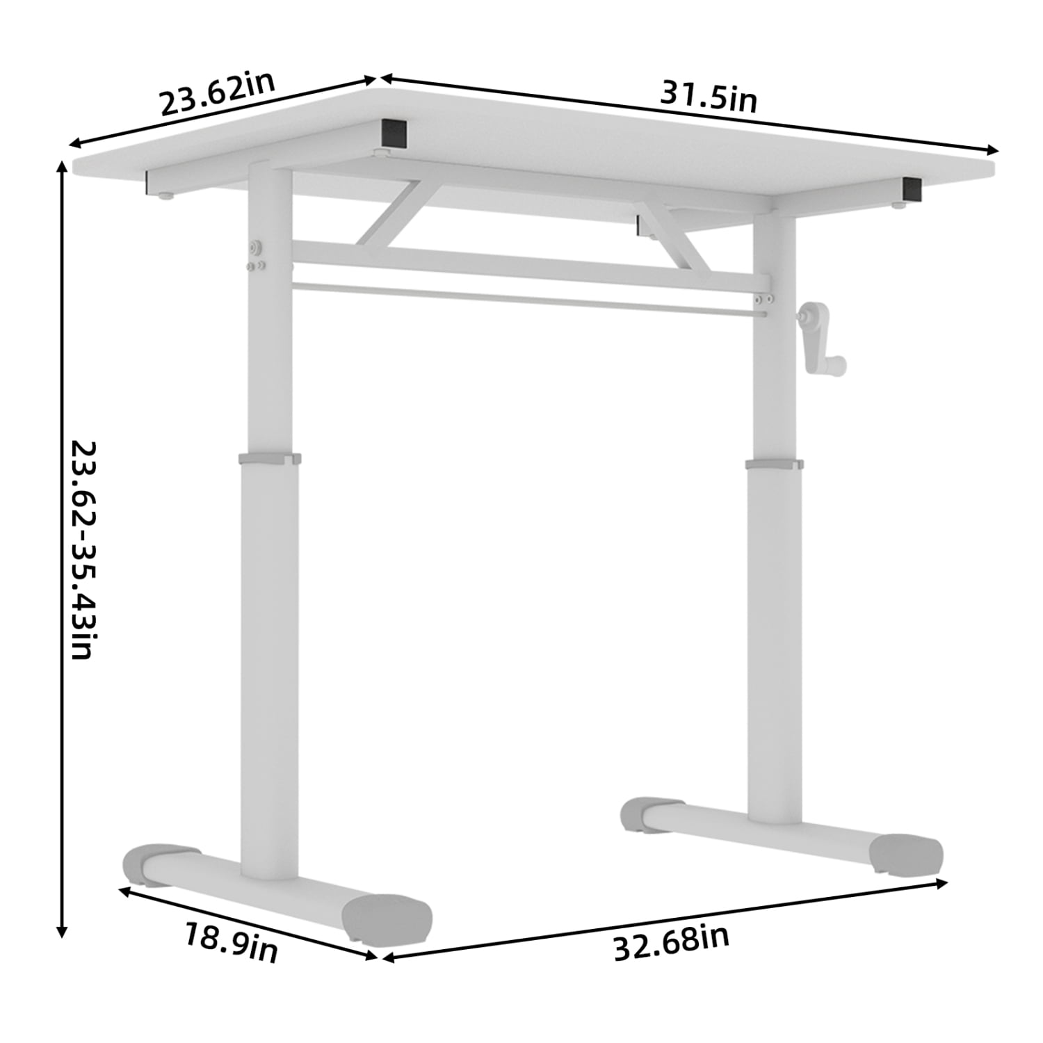 Lisonu Adjustable Standing Desk, Manual Hand Crank Sit-Stand Workstation, 33x24 Inch Home Office Computer Desk, Ergonomic Height-Adjustable Study Table, White Wood and Iron Frame