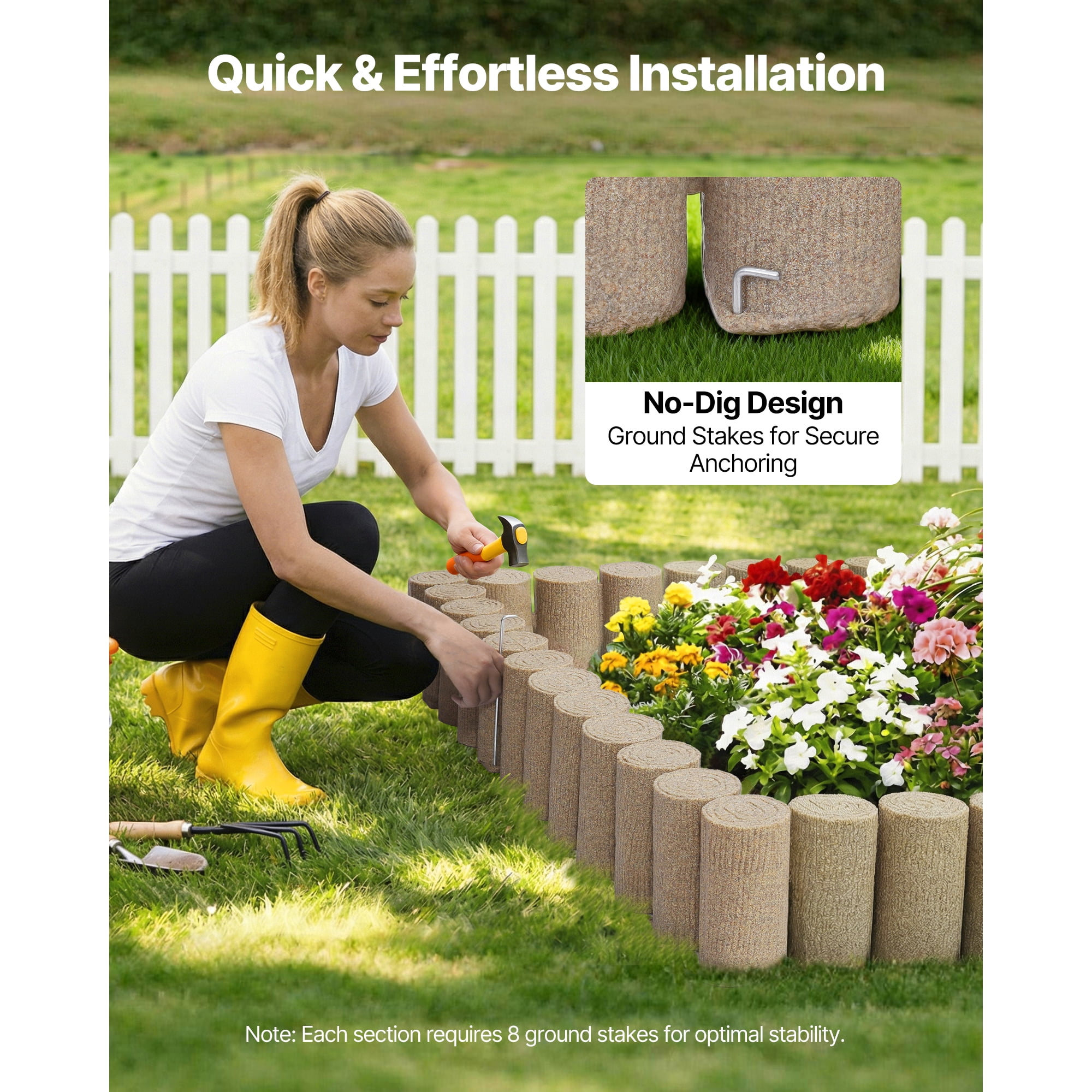 KFFKFF Faux Wood Garden Edging Kit, 13.7 ft No-Dig Border for Lawns, Flower Beds, Pathways, and Yards, 4 Sections with 10 Logs Each (41.14"L x 3.74"W x 7.48"H), Includes 32 Spikes, Beige