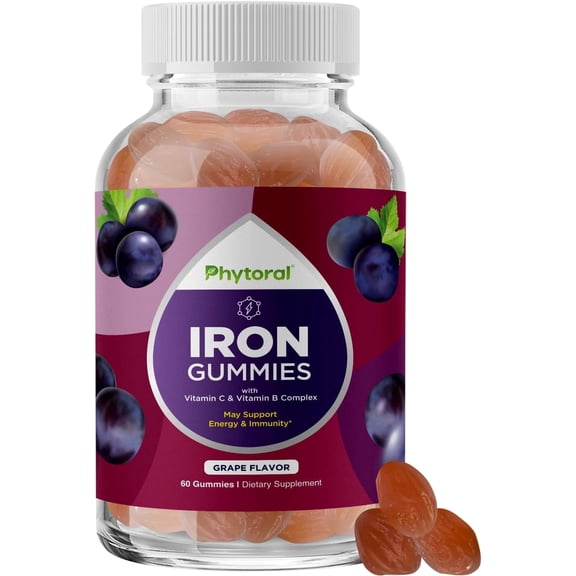 Phytoral Natural Multivitamin Iron Gummies with Vitamin C and B-Complex for Adults, Grape, 60 Count