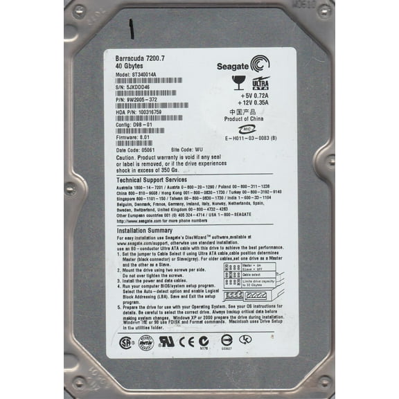 ST340014A, 5JX, WU, PN 9W2005-372, FW 8.01, Seagate 40GB IDE 3.5 Hard Drive