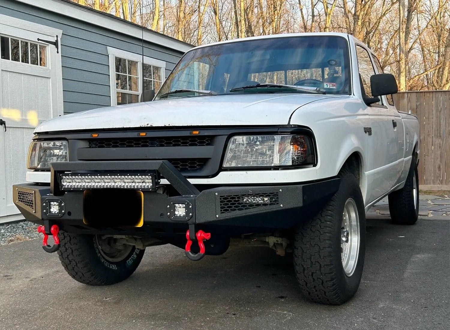 Vijay Compatible with 1998-1999-2000-2001-2002-2003-2004-2005-2006-2007-2008-2009-2010-2011 Ford Ranger Front Bumper Textured Black Steel with Light and D-ring