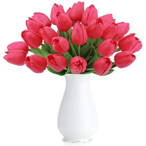 Tulipe Artificielle Faux Holland Mini Tulipe Real Touch Fleurs 24 Pcs pour Décor De Mariage DIY Home Party (Rouge)