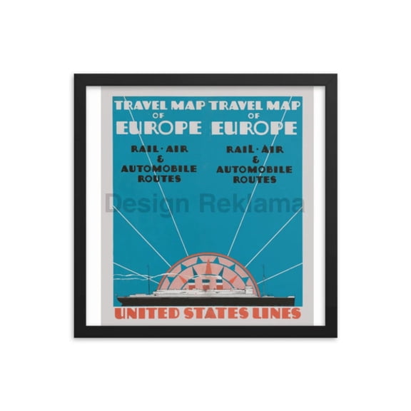 Travel Map Of Europe Rail, Air, Automobile Routes. United States Lines, 1930. Framed Vintage Travel Poster