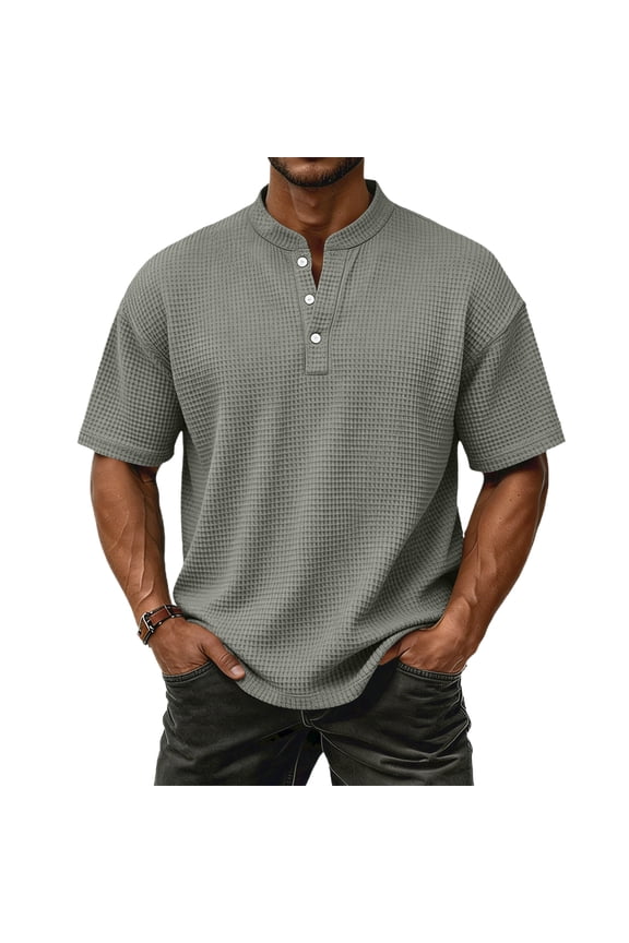 Henley Shirt Men Waffle Short Sleeve Knitted Shirts 2026 Summer Button Down Workout Tees Solid Lightweight Loose Fit T Shirts Gray XL