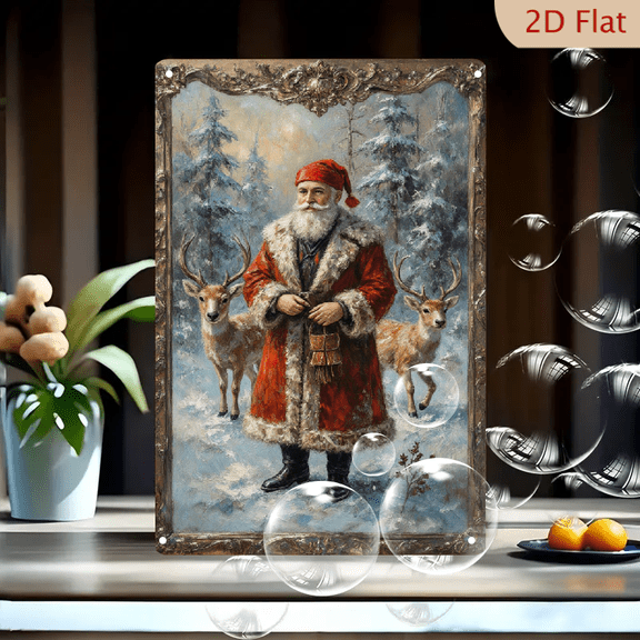 Vintage Santa Claus in Snowy Forest with Deer, Ornate Gold Frame, 8x12 Inch Metal Wall Art, Classic Christmas Decor for Home & Office