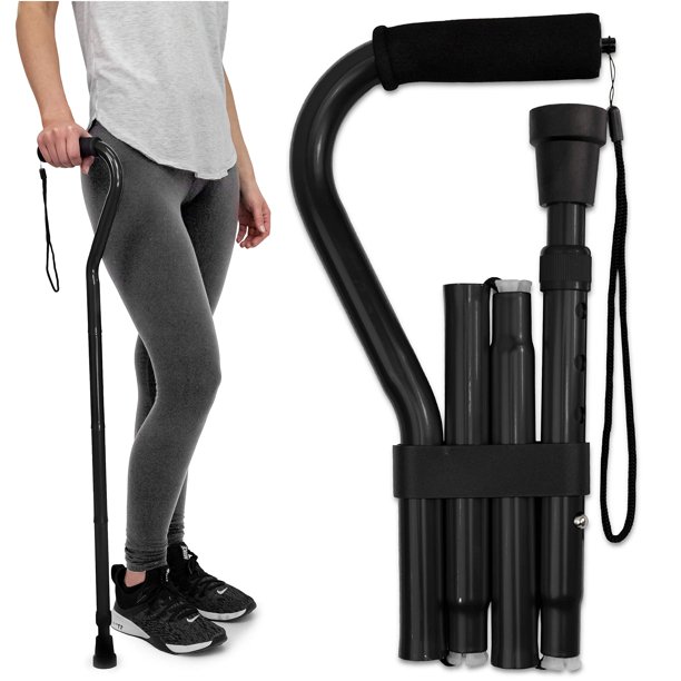 Bastón plegable RMS con mango de espuma descentrado, ajustable y con funda de transporte (negro)
