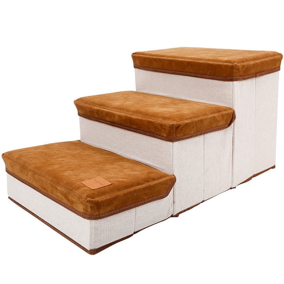 Escalera plegable para perros, suave y elástica, de gran capacidad, con 3 compartimentos de almacenamiento, ideal para subir escaleras de cachorros, para sofá cama alto, color marrón