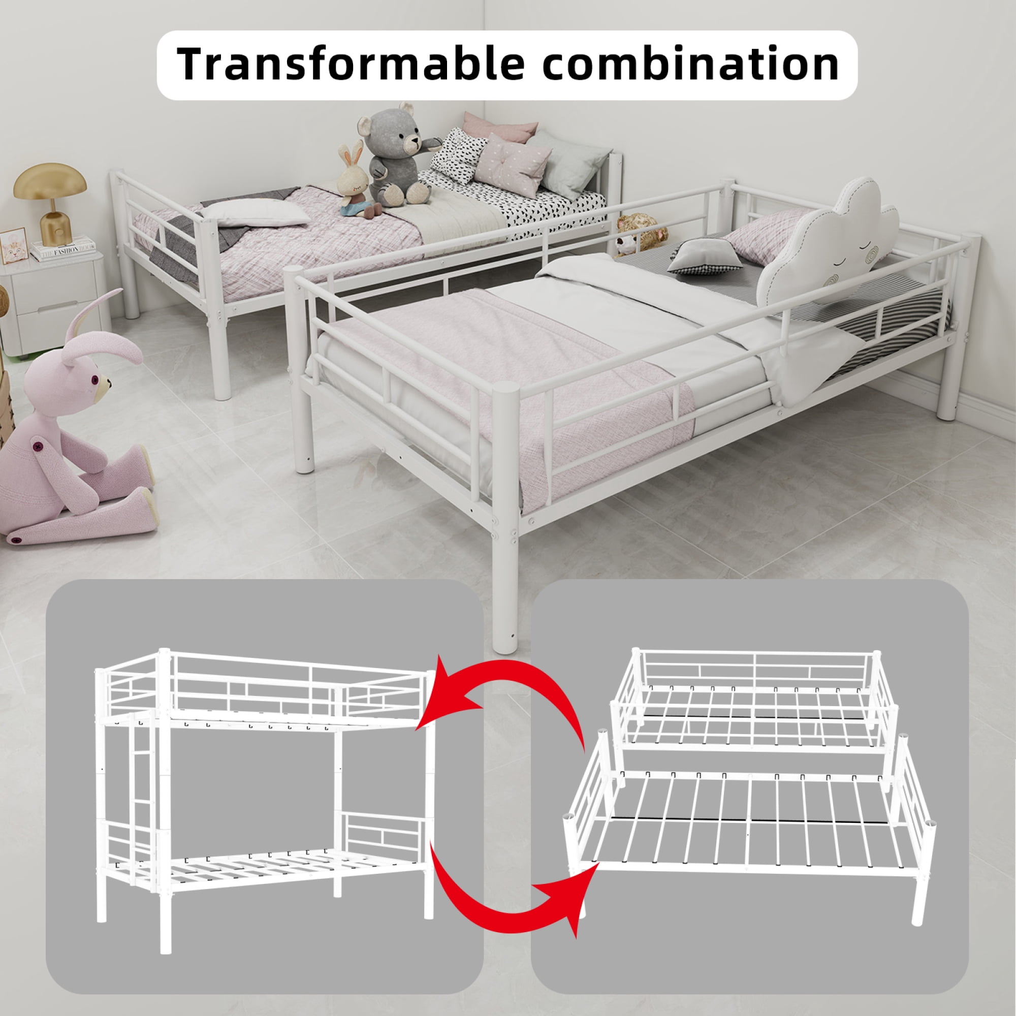 Twin Over Twin Bunk Bed for Kids Boys Girls, Metal Bunk Bed with Ladders & Guardrail,Convertible 2 Beds,White