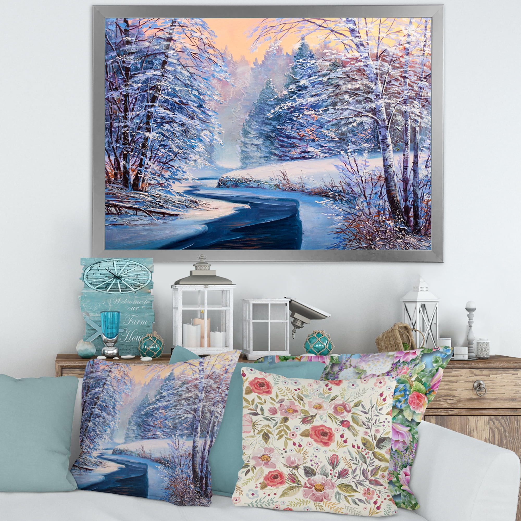 Designart 'Pastel Winter Forest With River' Lake House Framed Art Print