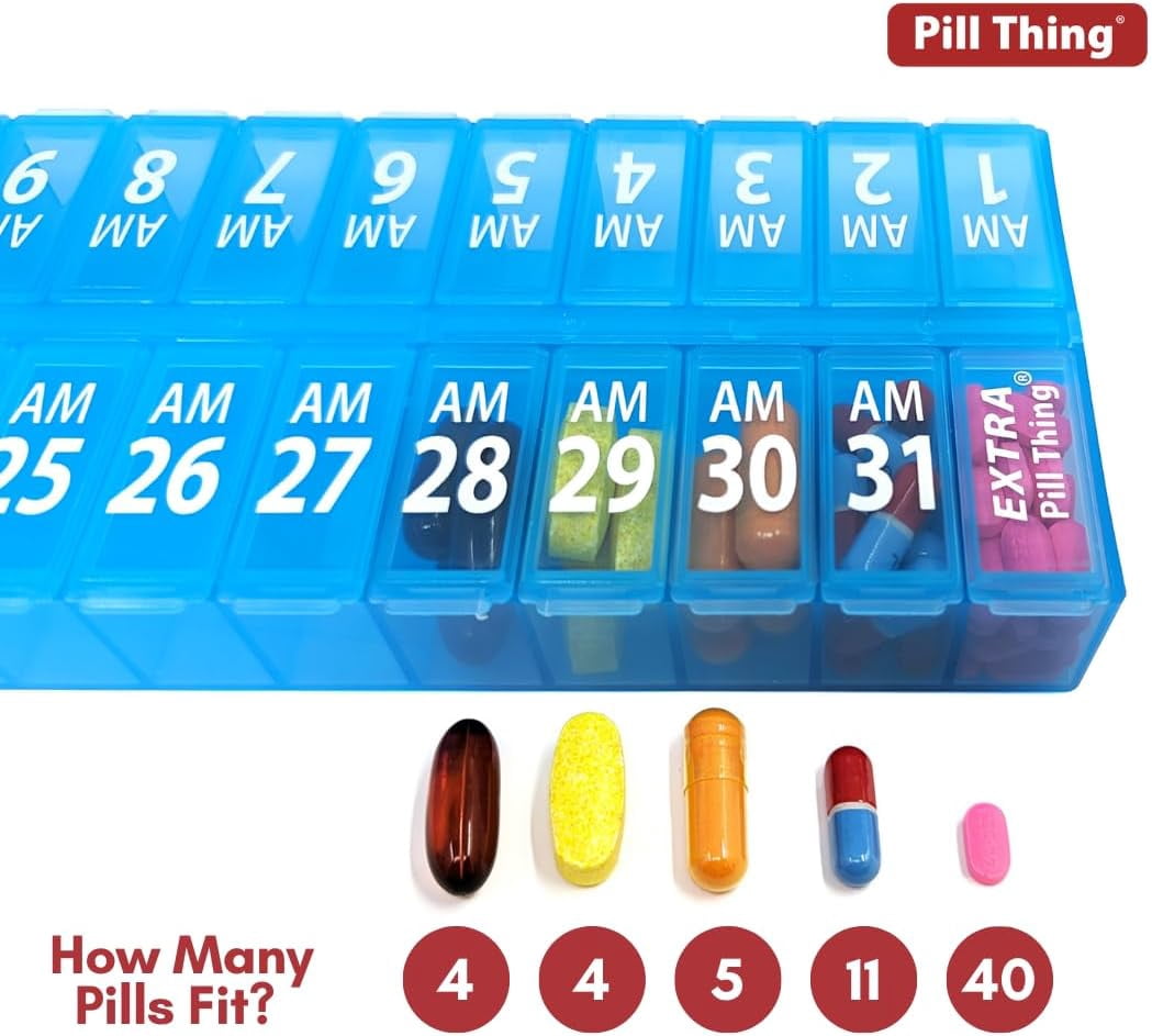 Twice-a-Day Monthly Pill Box Planner Set - AM & PM Medication Organizer for 31 Days (Clear/Blue)
