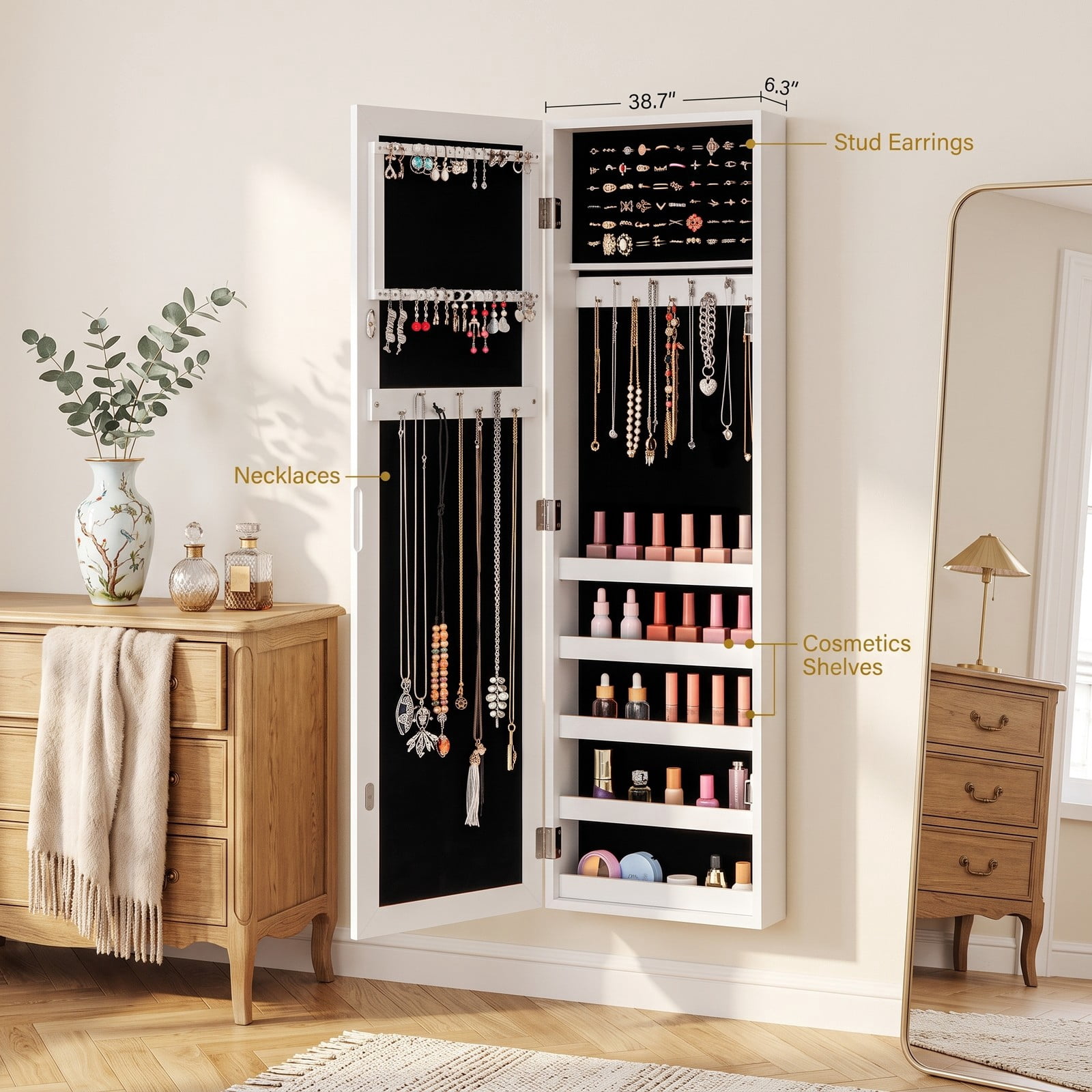 Furnibear Door and Wall Mounted Armoire Jewelry Cabinet with Full-Length Mirror and Velvet Lining for Bedroom Storage, White