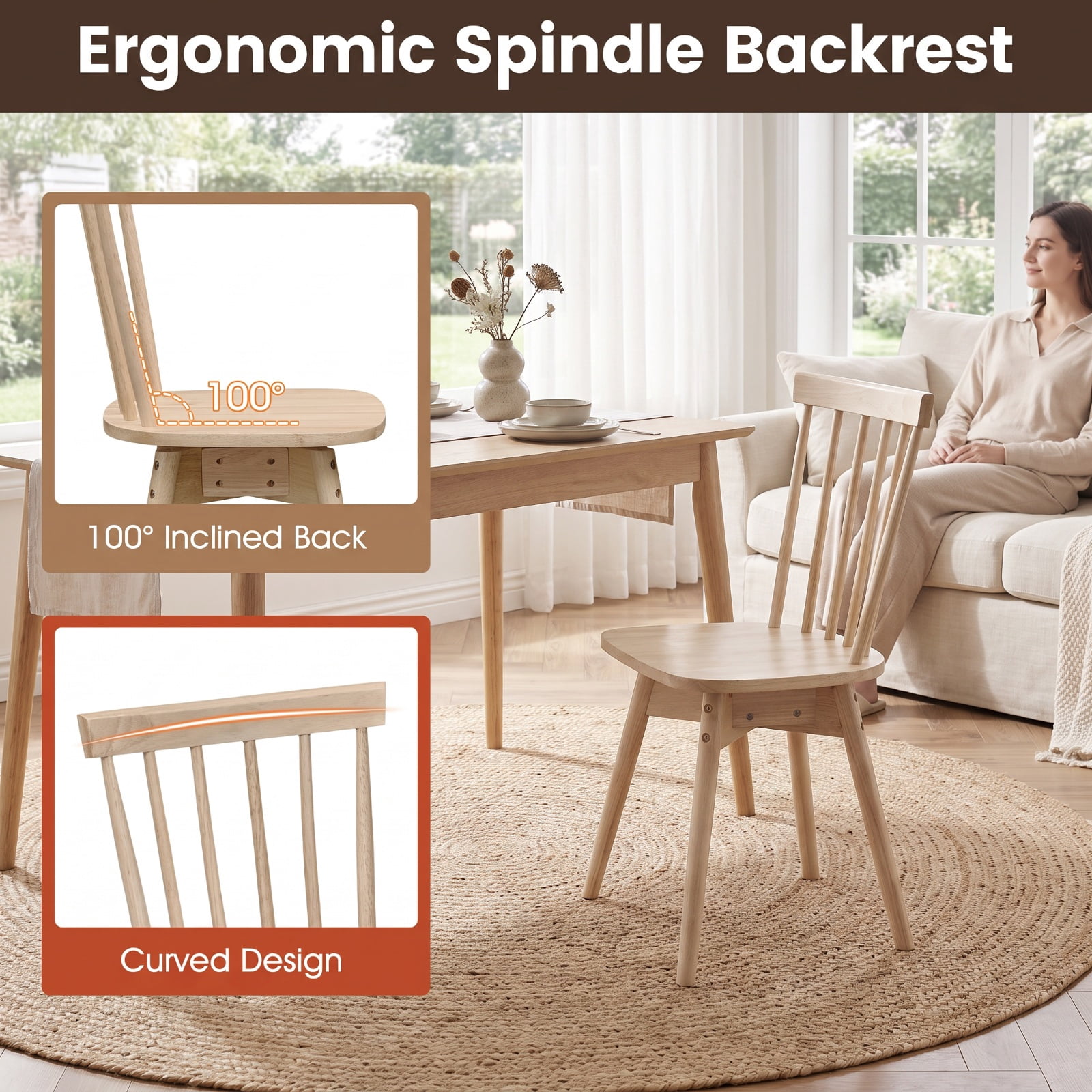 Furnibear Windsor Dining Chairs Set of 2 Mid Century Rubber Wood Kitchen Chairs with Swivel Seat for Kitchen Dining Room Living Room Home, Natural
